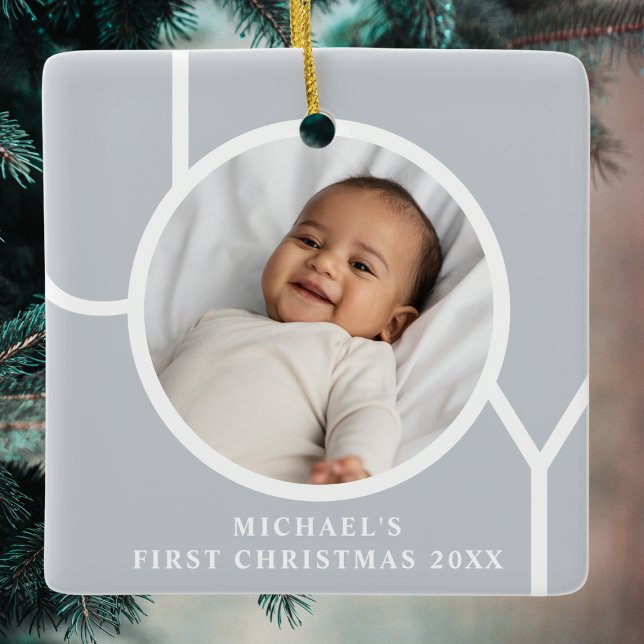 Elegant Baby Boy's First Christmas Foto Gray Keramikornament (Von Creator hochgeladen)