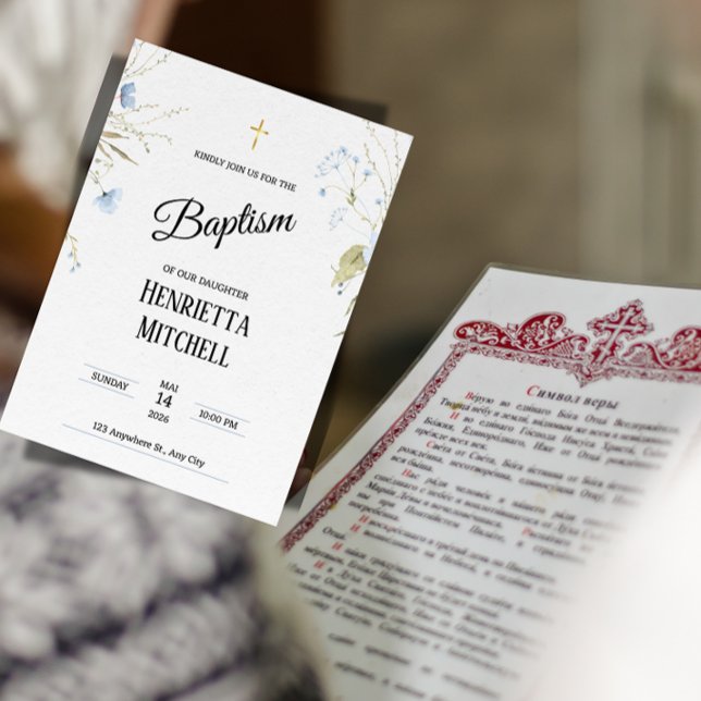 Elegant Baby Girl Baptism Invitation ("A elegant bilingual baptism invitation for a daughter, featuring the Orthodox Symbol of Faith.")