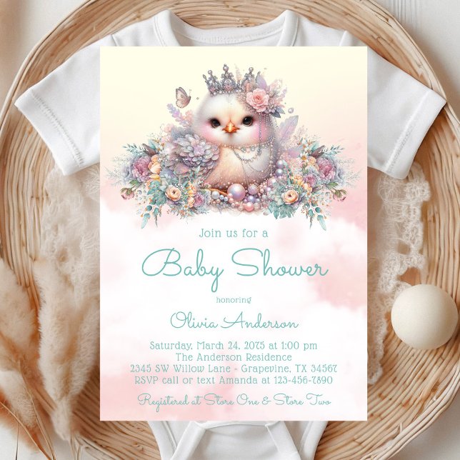 Elegant Baby Girl Chick Baby Shower Einladung (Pastel fancy chick with pearls, flowers and butterflies on a pretty pastel background.)