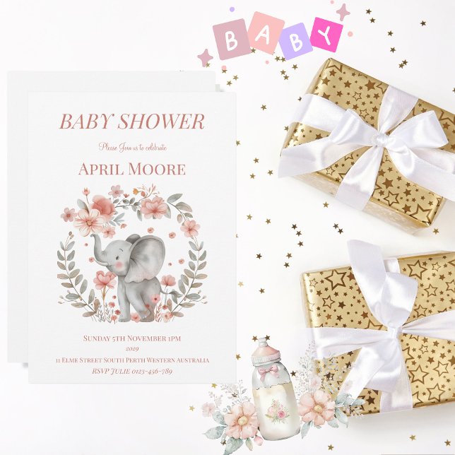 Elegant Baby Girl Elephant Baby Shower Einladung (Cute Baby Girl Baby Shower Invitation)