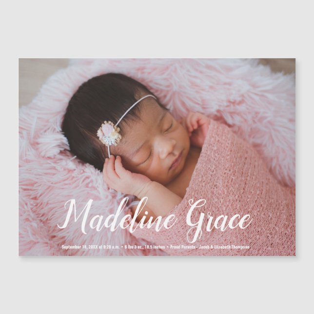 Elegant Baby Name Script Foto Geburtsankündigung Magnetkarte (Vorderseite)