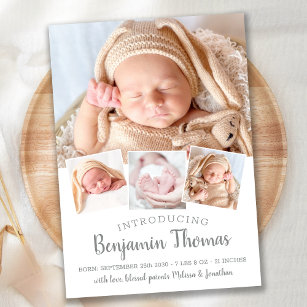 Elegant Baby Personalisiert 4 Foto Collage Birth Ankündigung