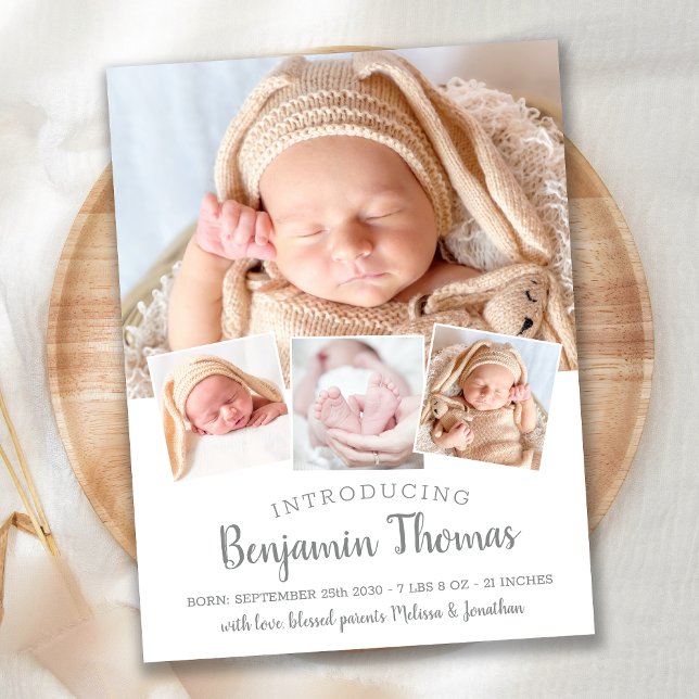 Elegant Baby Personalisiert 4 Foto Collage Birth Ankündigungspostkarte (Von Creator hochgeladen)
