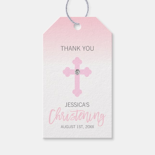 Elegant Baby Pink Cross DANK YOU Christening Girl Geschenkanhänger (Vorderseite)