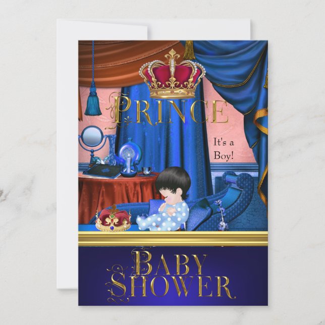 Elegant Baby Shower Boy Blue Little Prince Crown Einladung (Vorderseite)