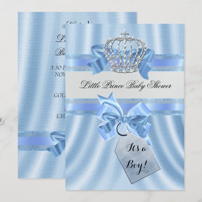 Elegant Baby Shower Boy Blue Little Prince Crown Einladung (Vorne/Hinten)