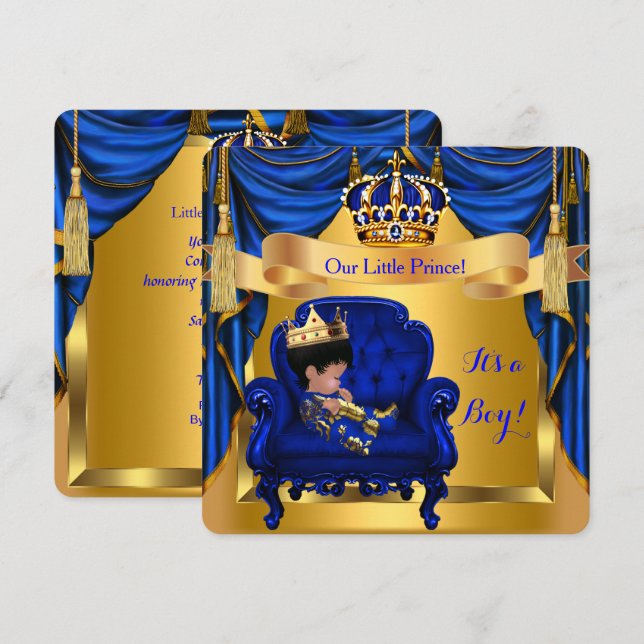 Elegant Baby Shower Boy Prince Royal Blue Gold Einladung (Vorne/Hinten)