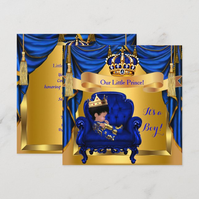 Elegant Baby Shower Boy Prince Royal Blue Gold Einladung (Vorne/Hinten)