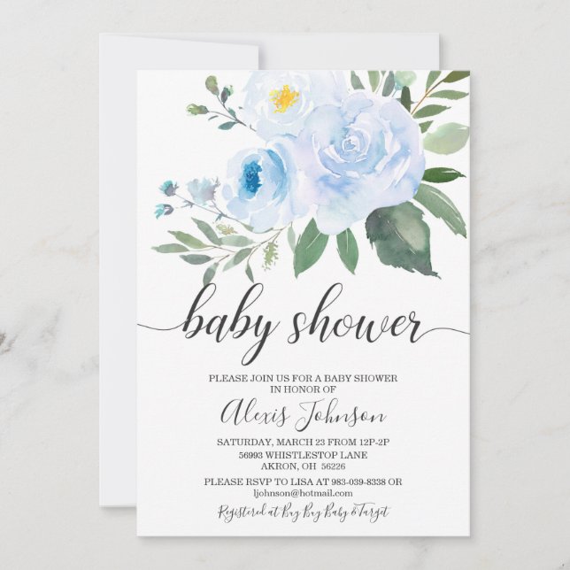 Elégant Baby shower Floral Bleu Invitation (Devant)