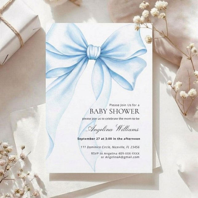 Elegant Baby Shower Invitation with a Blue Bow.  Einladung (Von Creator hochgeladen)