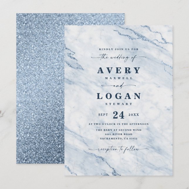 Elegant Baby Sky Blue Marble & Glitzer Wedding Einladung (Vorne/Hinten)