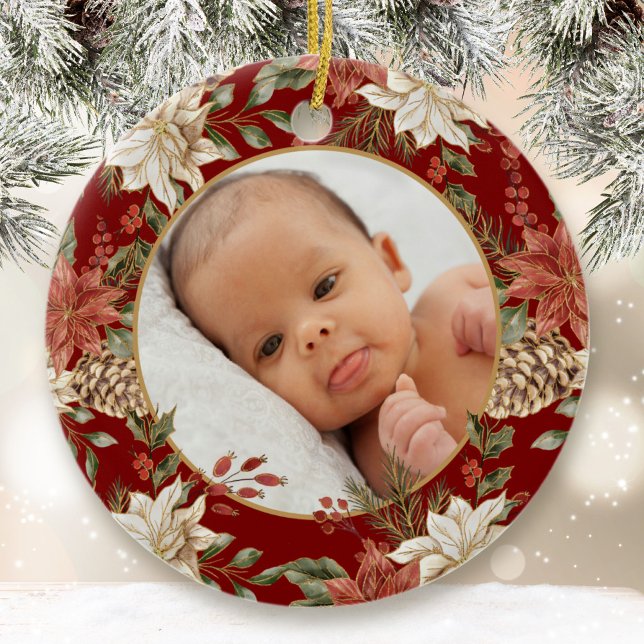 Elegant Baby's First Christmas Birth Stats Foto Keramik Ornament (Von Creator hochgeladen)