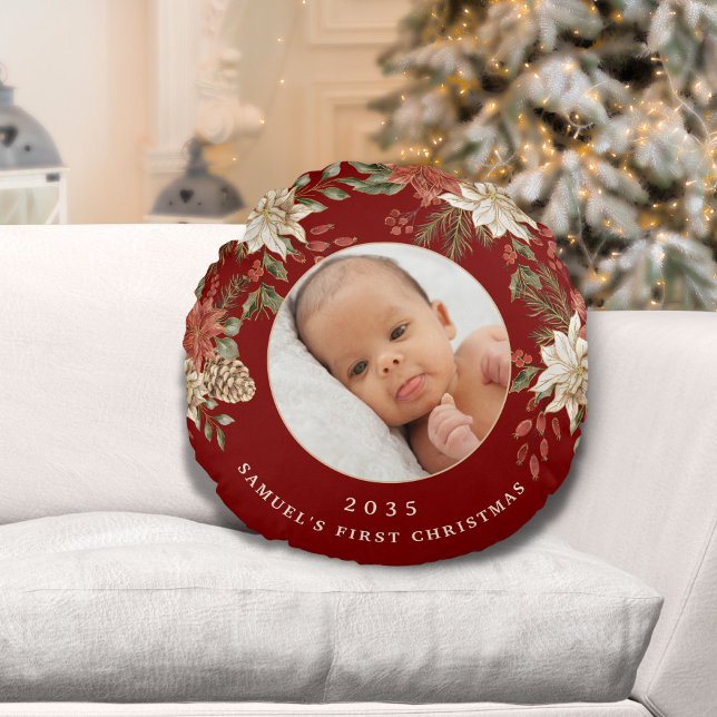 Elegant Baby's First Christmas Foto Rundes Kissen (Von Creator hochgeladen)