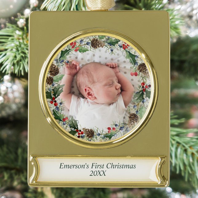 Elegant Baby's First Christmas Foto Wreath Banner-Ornament Gold (Von Creator hochgeladen)