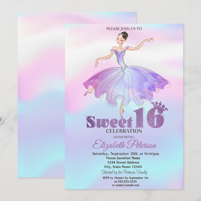 Elegant Ballerina farbenfroh Ombre Sweet 16 Einladung (Vorne/Hinten)