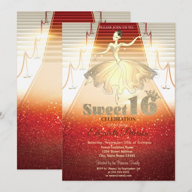 Elegant Ballerina Red Carpet Sweet 16 Einladung (Vorne/Hinten)