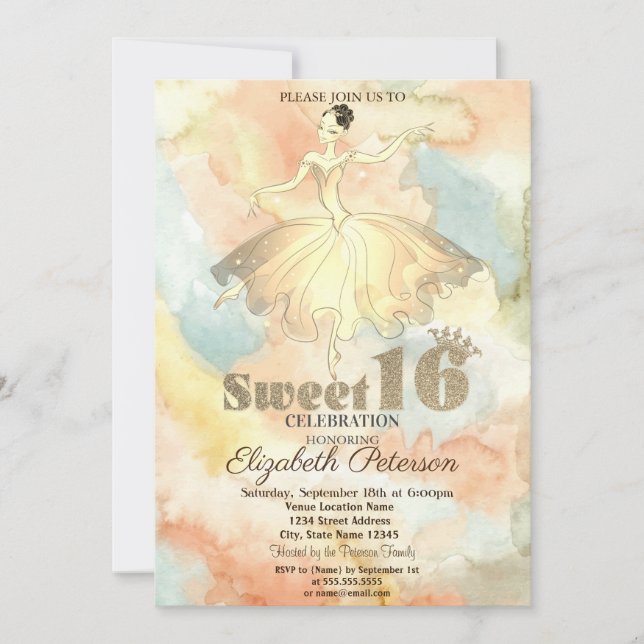 Elegant Ballerina Watercolor Splash Sweet 16 Einladung (Vorderseite)