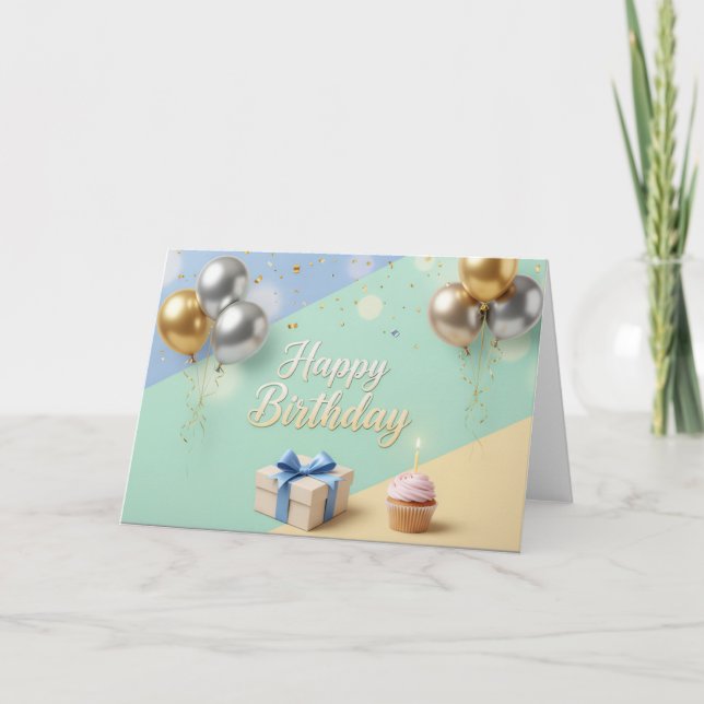 Elegant Balloons & Cupcake – Modern Happy Birthday Dankeskarte (Vorderseite)
