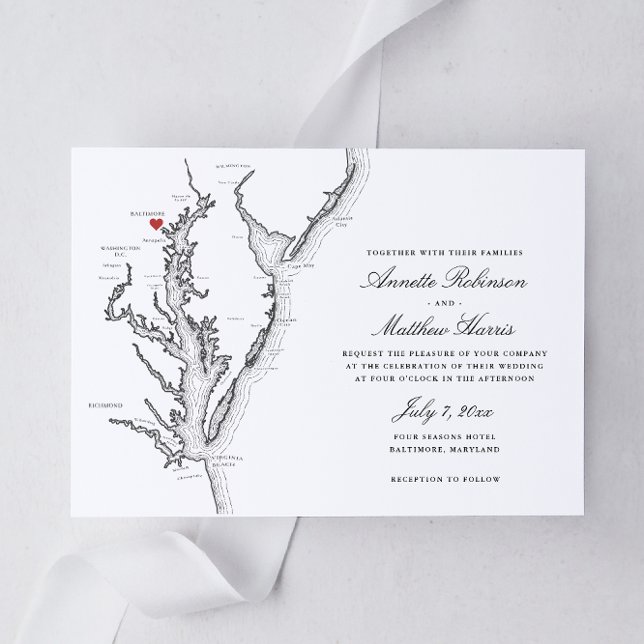 Elégant Baltimore Maryland Map Faire-part de maria (Baltimore Maryland Wedding invitation in elegant black and white from Coastal Map designs)