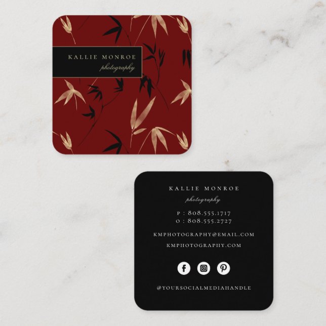 Elegant Bamboo Foliage Dark Red Quadratische Visitenkarte (Vorne/Hinten)