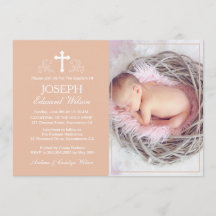 Elégant Baptême Beige Photo Invitation Card
