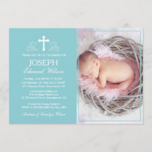 Élégant Baptême Bleu Photo Invitation Card
