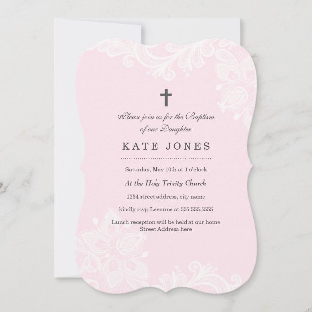 Elégant Baptême de dentelle rose blanc Invitation (Devant)