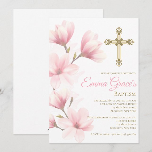 Élégant Baptême Floral Christening Invitation (Devant / Derrière)