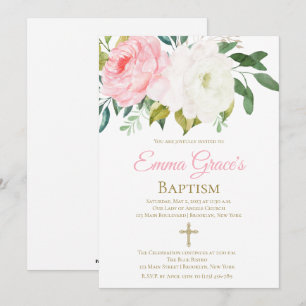 Élégant Baptême Floral Christening Invitation