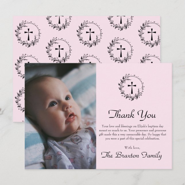Élégant Baptême rose bébé Carte de remerciements p (Devant / Derrière)