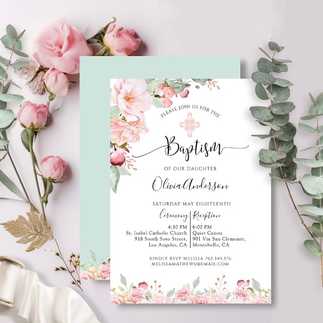 Élégant Baptême Rose Or, Mint Floral Invitation (Créateur téléchargé)
