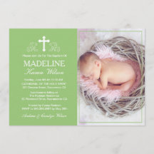Élégant Baptême Vert Photo Invitation Card