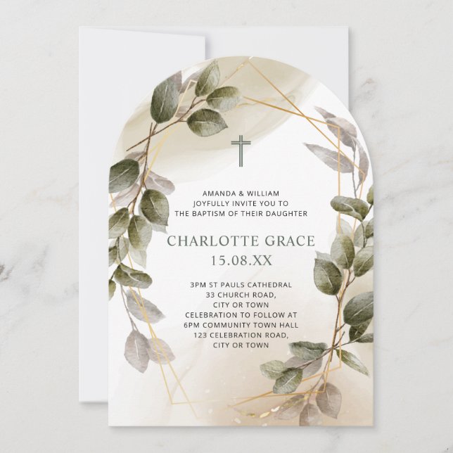 Elegant Baptism Invitation Green & Gold Botanical  Einladung (Vorderseite)