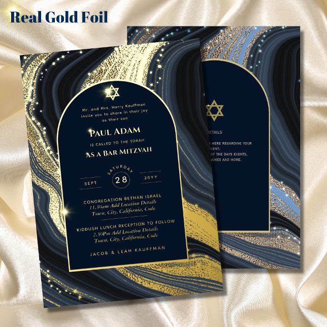 Elegant Bar Mitzvah | Bat Mitzvah | Navy Agate Folieneinladung (Von Creator hochgeladen)