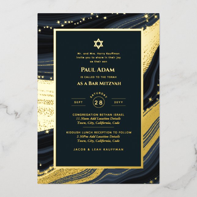Elegant Bar Mitzvah | Bat Mitzvah | Navy Agate Folieneinladung (Vorderseite)