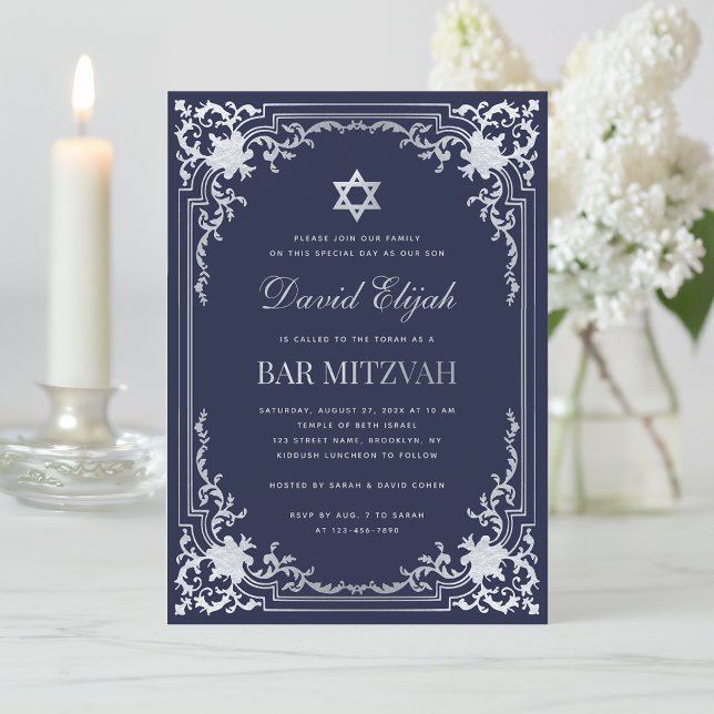 Elegant Bar Mitzvah Navy Blue Silver Gray Vintag Einladung (Von Creator hochgeladen)