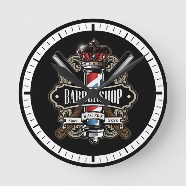 Elegant Barber Pole and Crown Logo Personalize Runde Wanduhr (Vorderseite)