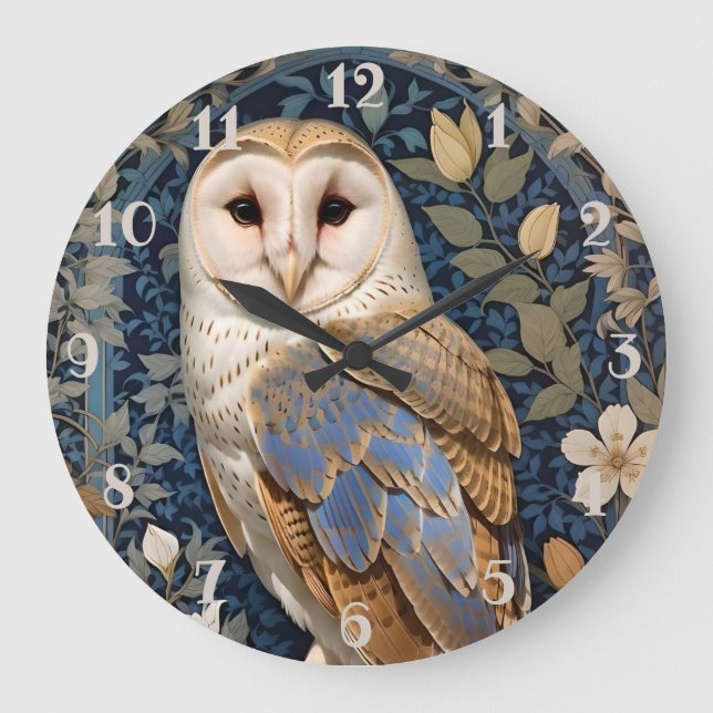 Elegant Barn Owl William Morris Inspiriert Große Wanduhr (Vorderseite)