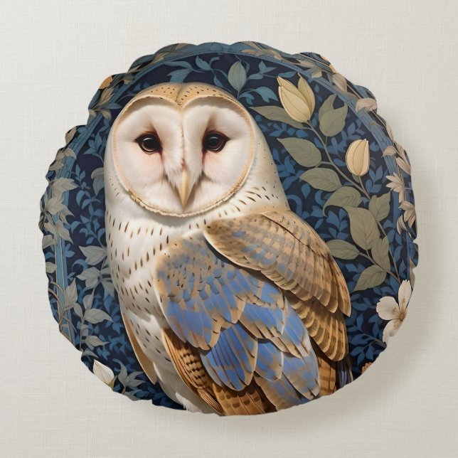 Elegant Barn Owl William Morris Inspiriert Rundes Kissen (Vorderseite)
