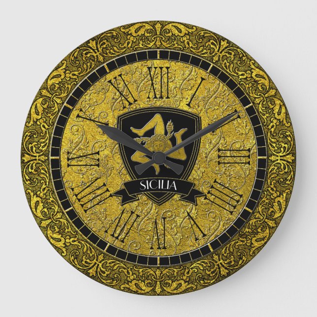 Elegant Baroque Gold Sicilian Trinacria Große Wanduhr (Vorderseite)
