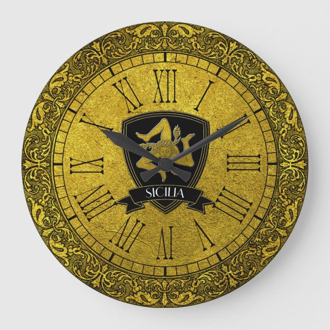 Elegant Baroque Gold Sicilian Trinacria Große Wanduhr (Vorderseite)