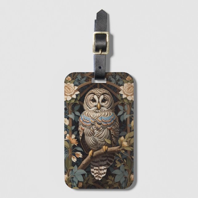 Elegant Barred Owl William Morris Inspiriert Gepäckanhänger (Vorderseite Vertikal)