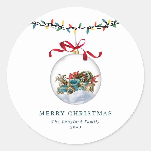 Elegant Bauble Red Bow Frohe Weihnachten Runder Aufkleber (Vorderseite)