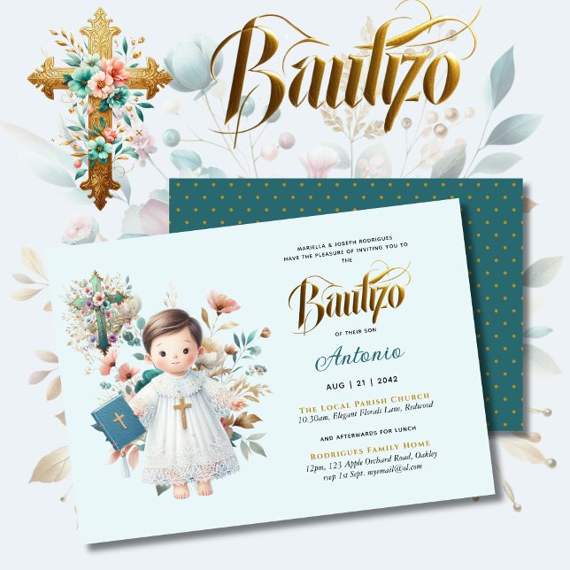 Elegant BAUTIZO Aquamarin Blue Gold Floral Cross Einladung (Von Creator hochgeladen)