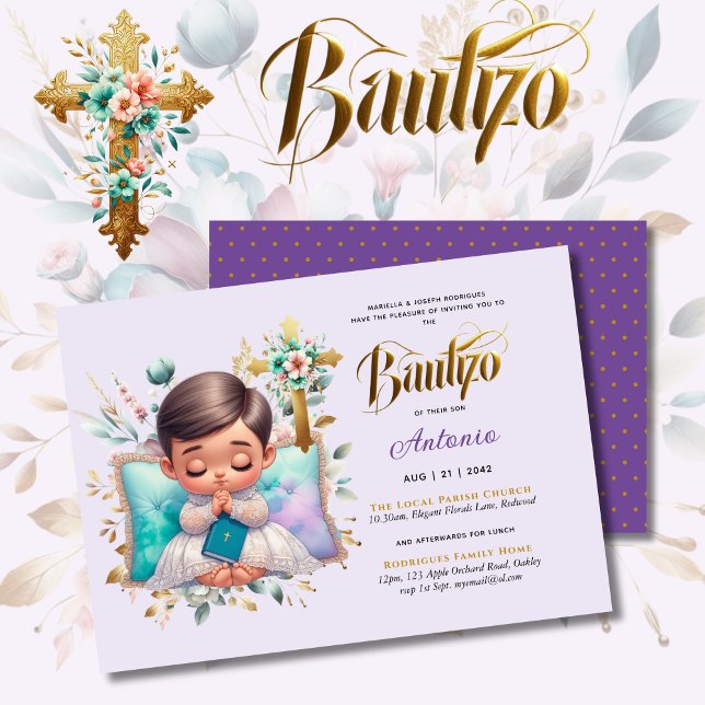 Elegant BAUTIZO Lilac Gold Floral Cross Einladung (Von Creator hochgeladen)