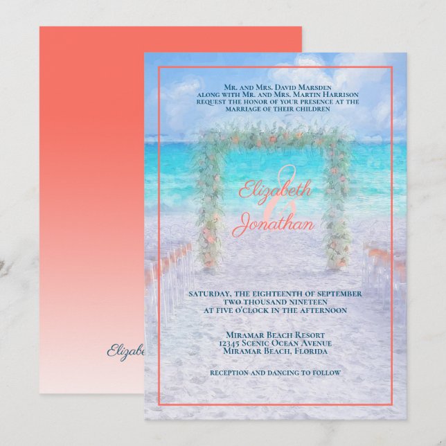 Elegant Beach Arbor Blue Coral Ombre Wedding Einladung (Vorne/Hinten)