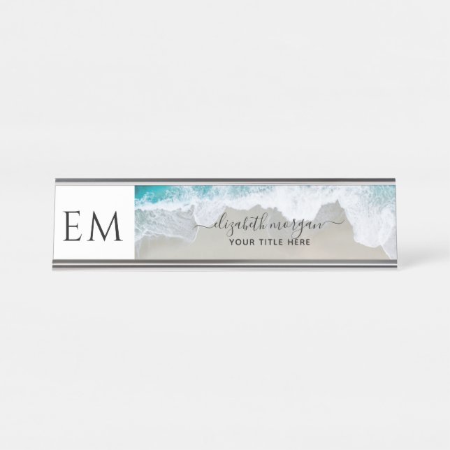 Elegant Beach Blue Green Monogram Beruflich Schreibtischnamensplakette (Vorderseite )