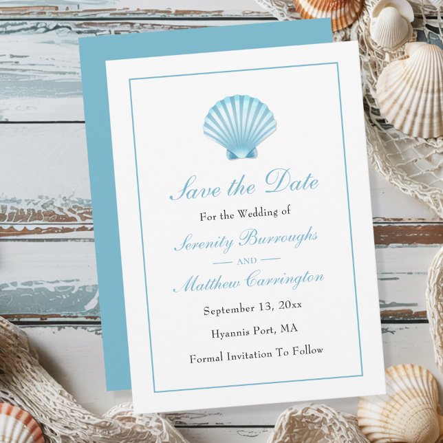 Elegant Beach Blue Muschel Wedding Save the Date Ankündigung (Von Creator hochgeladen)