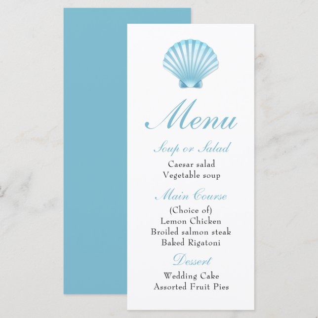 Elégant Beach Blue Nautical Seashell Menu Mariage (Devant / Derrière)