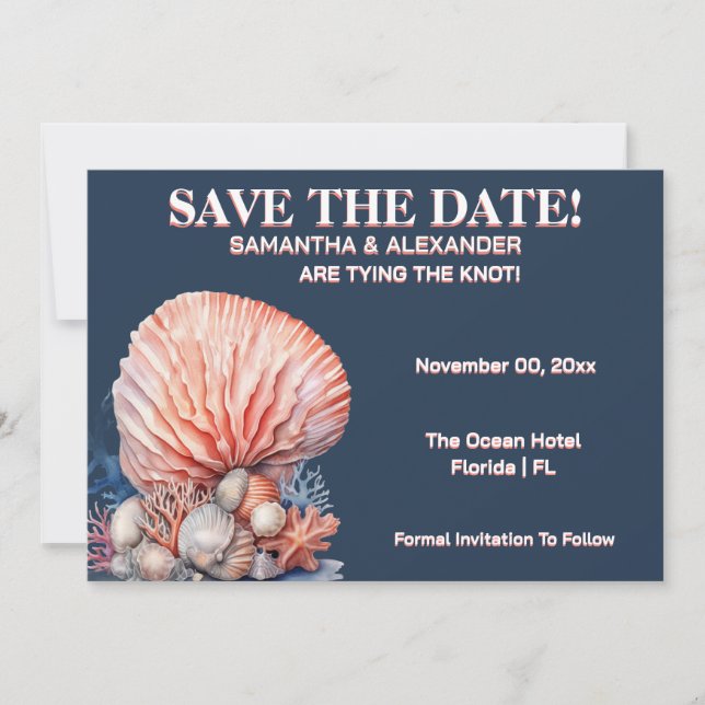 Elegant Beach Coral Wedding Invitation Blue Einladung (Vorderseite)
